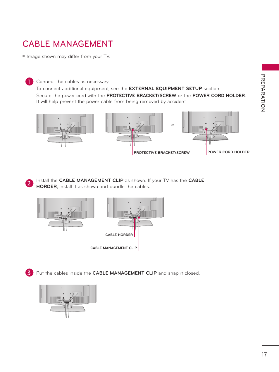 Cable management | LG 26LD340H User Manual | Page 17 / 317