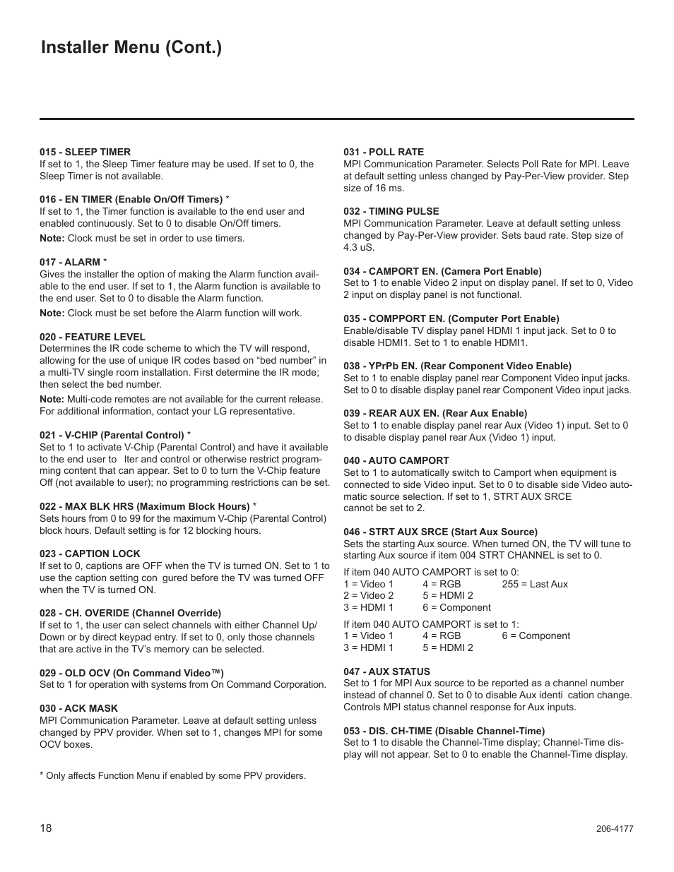 Installer menu (cont.) | LG 26LD340H User Manual | Page 182 / 317