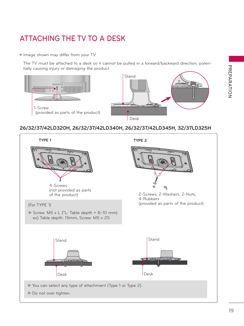 Attaching the tv to a desk | LG 26LD340H User Manual | Page 19 / 317