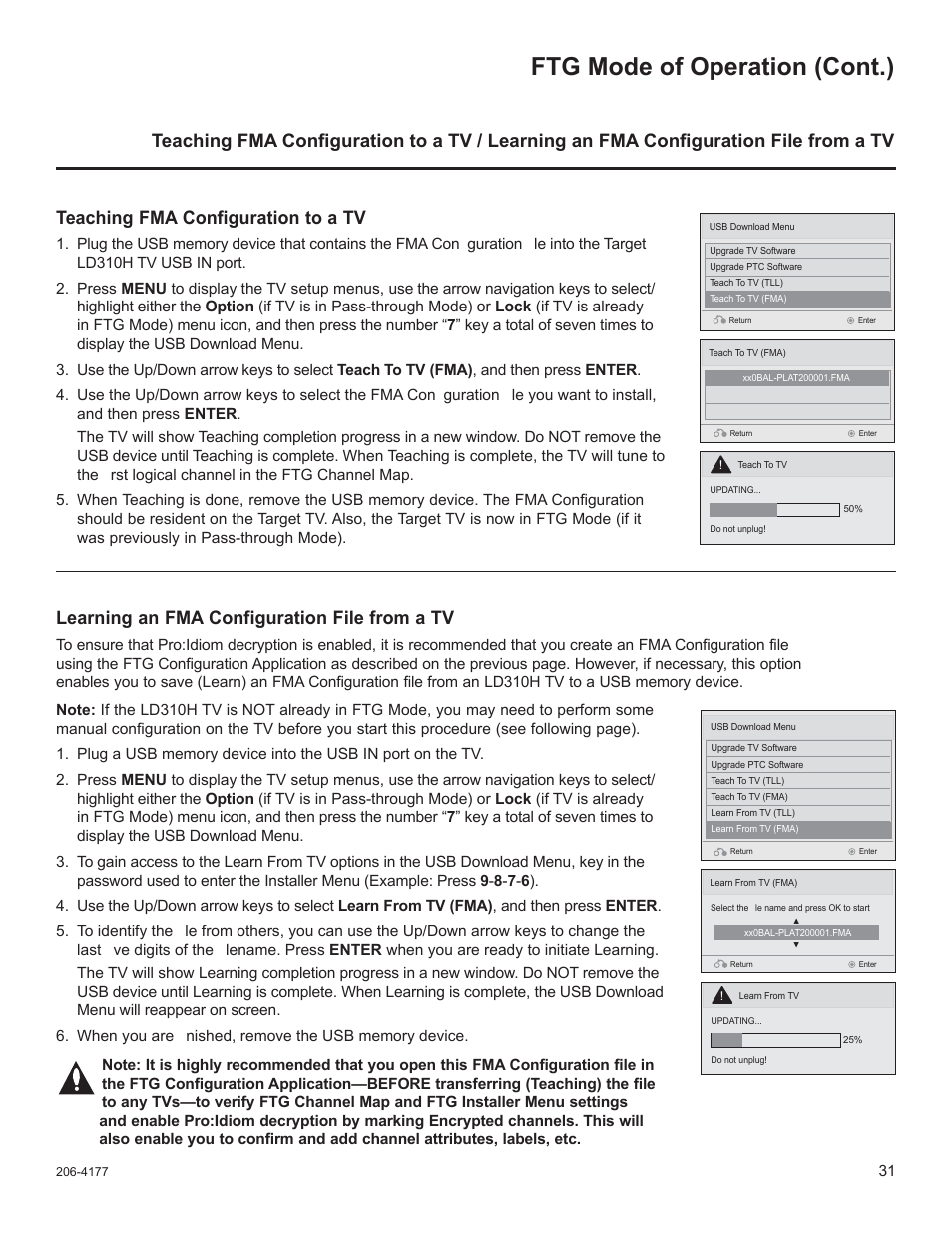 Ftg mode of operation (cont.), Learning an fma configuration file from a tv | LG 26LD340H User Manual | Page 195 / 317