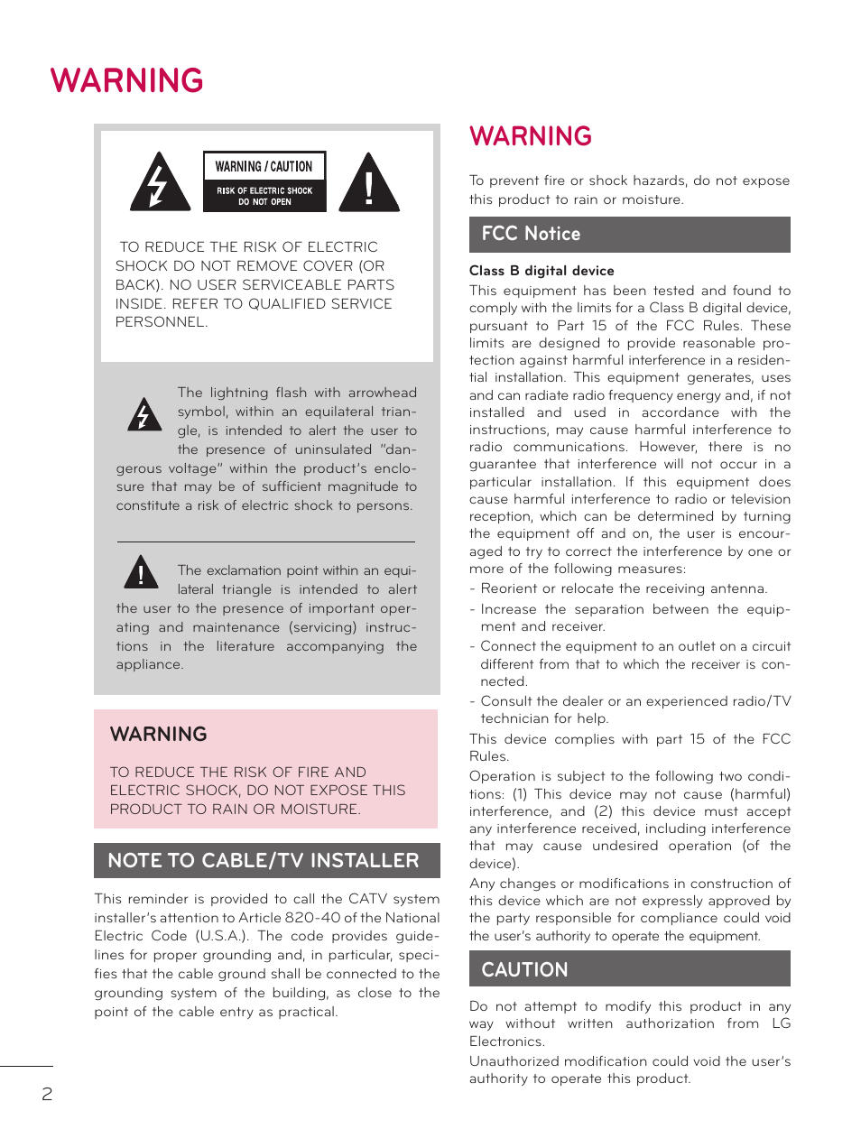 Warning, Fcc notice, Caution | LG 26LD340H User Manual | Page 2 / 317