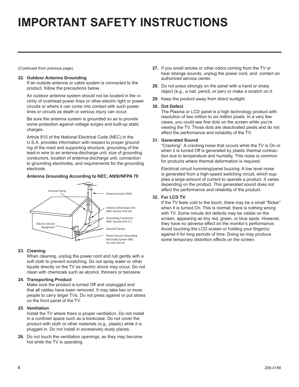 Important safety instructions | LG 26LD340H User Manual | Page 216 / 317