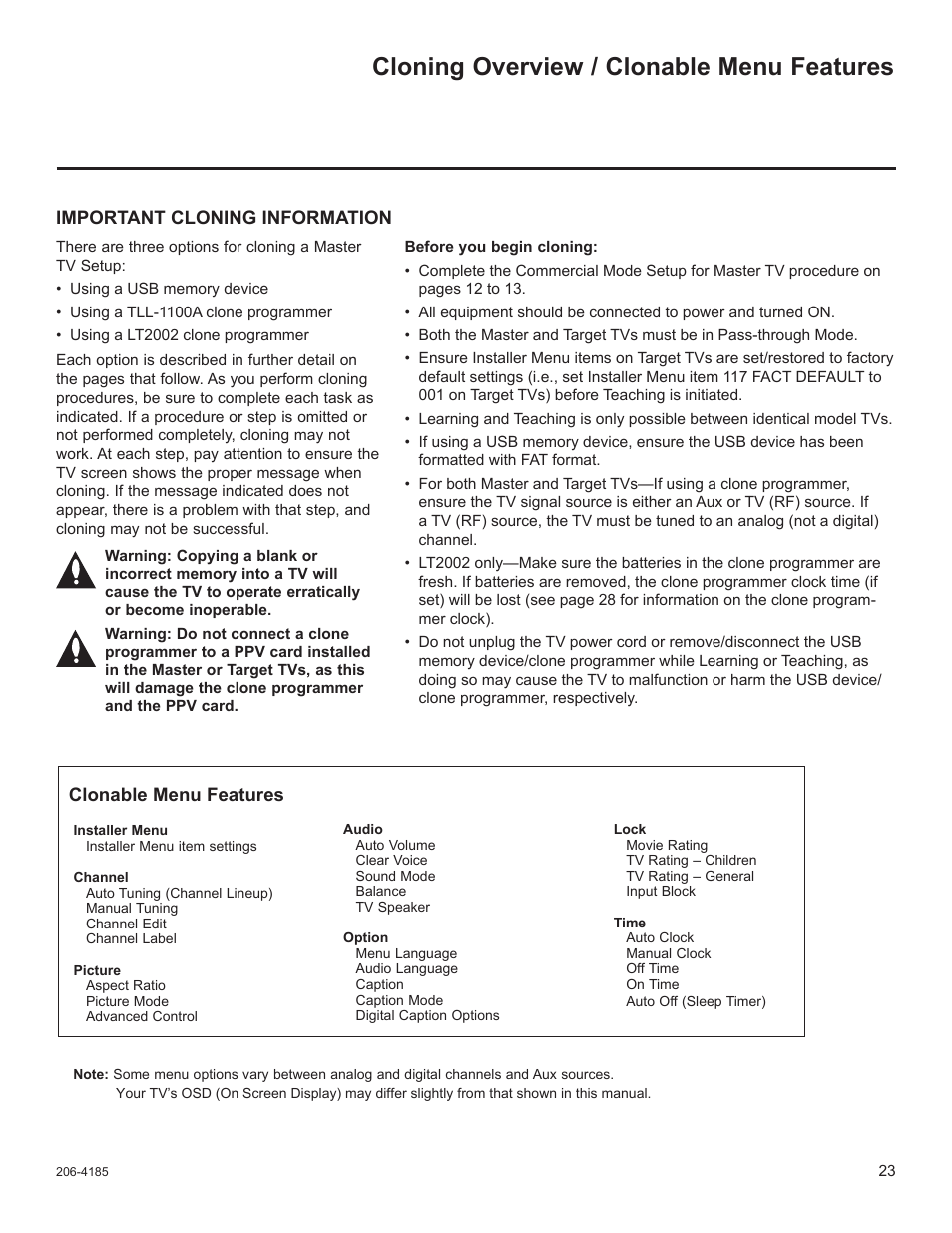 Cloning overview / clonable menu features | LG 26LD340H User Manual | Page 290 / 317