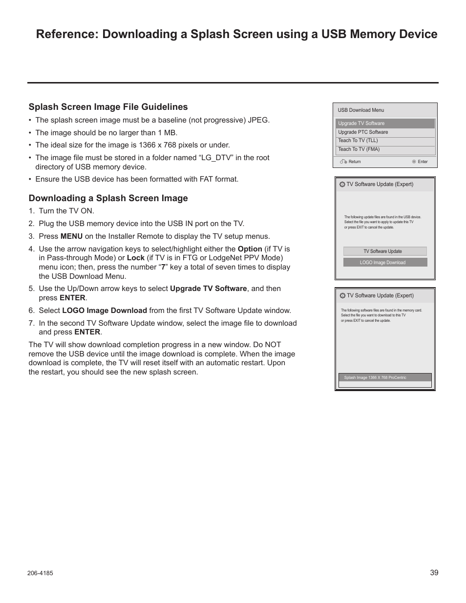 Splash screen image file guidelines, Downloading a splash screen image | LG 26LD340H User Manual | Page 306 / 317