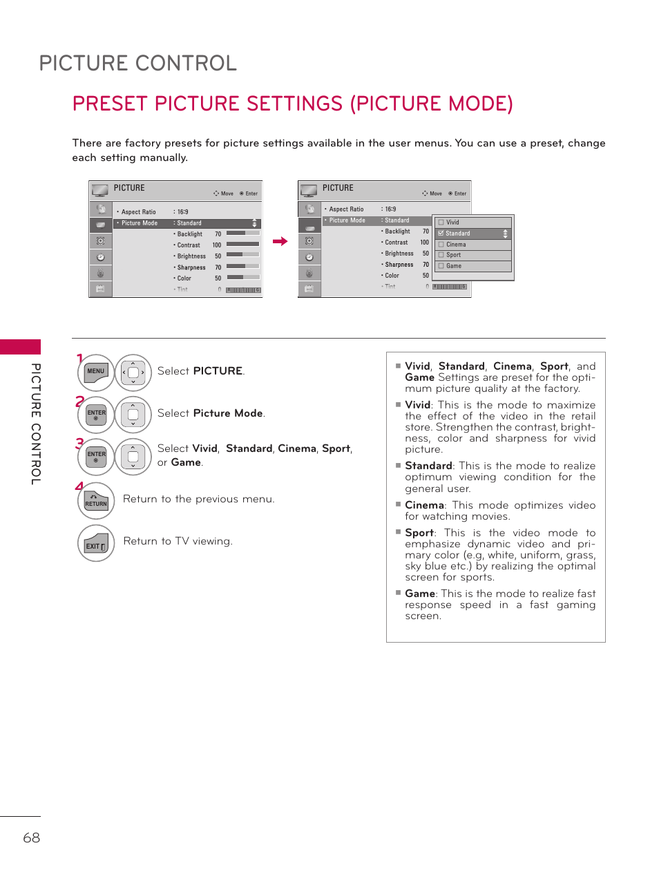 Preset picture settings (picture mode), Picture control | LG 26LD340H User Manual | Page 68 / 317