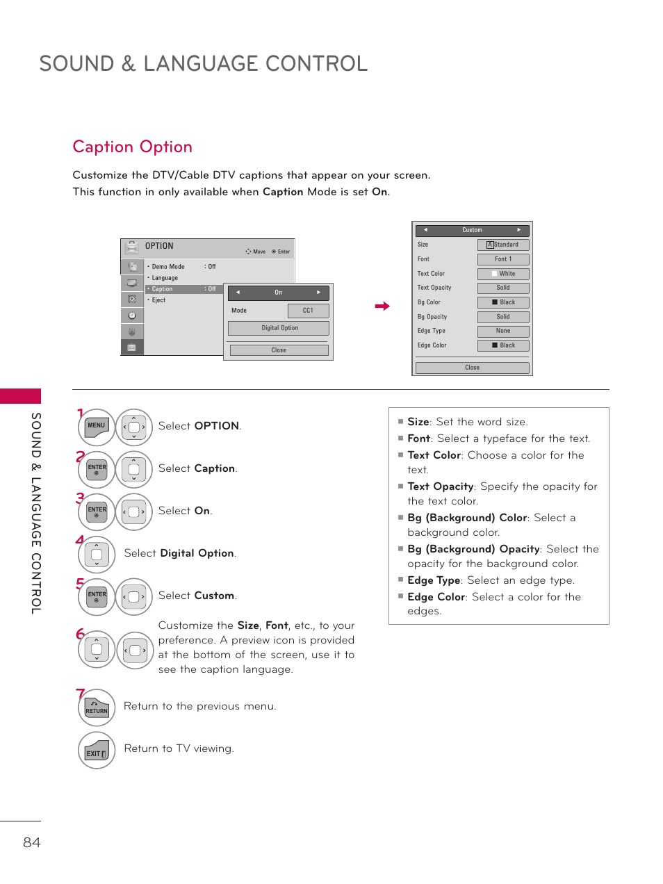 Caption option, Sound & language control | LG 26LD340H User Manual | Page 84 / 317