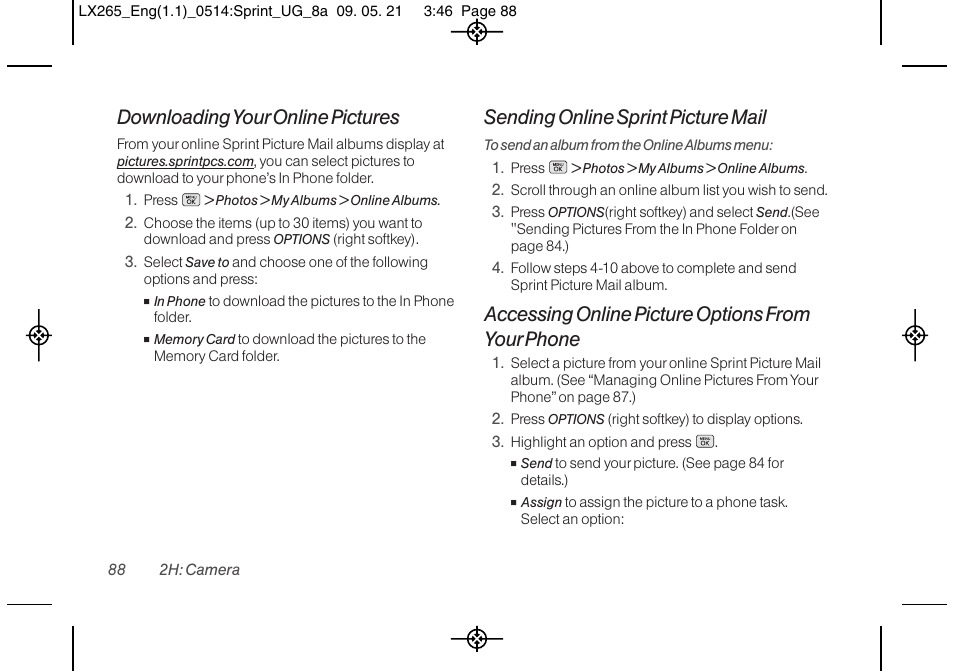 Downloadingyour online pictures, Sending online sprint picture mail, Accessing online picture options from your phone | LG LGLX265 User Manual | Page 100 / 160