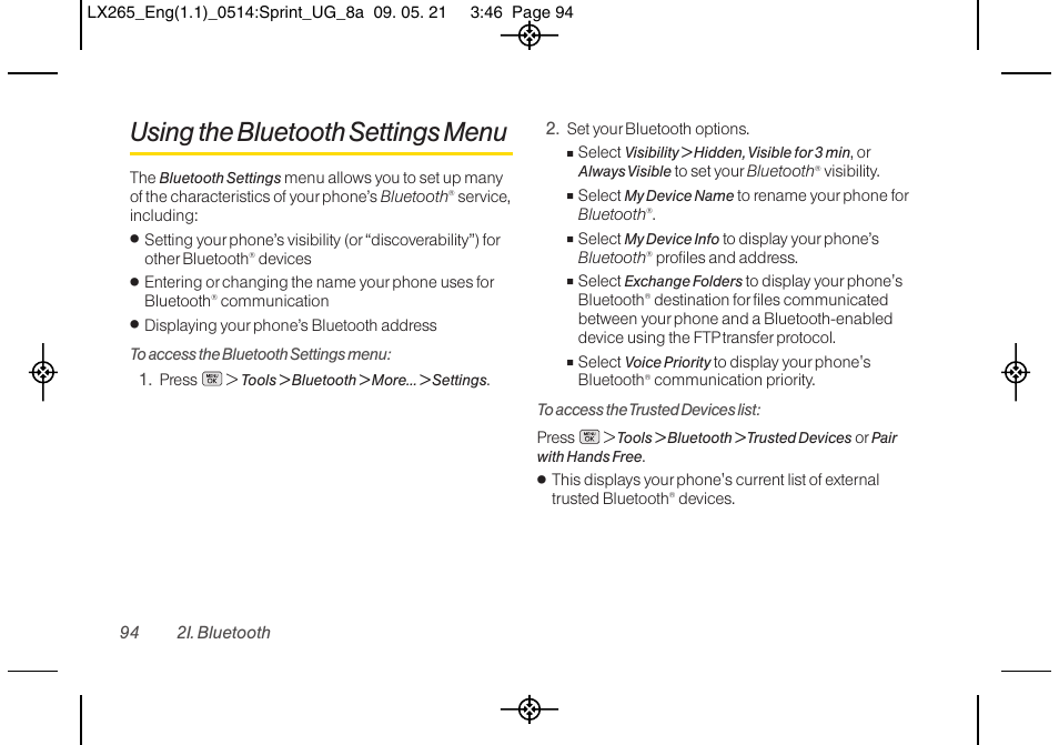 Using the bluetooth settings menu | LG LGLX265 User Manual | Page 106 / 160