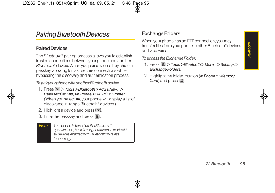 Pairing bluetooth devices, Paired devices, Exchange folders | LG LGLX265 User Manual | Page 107 / 160