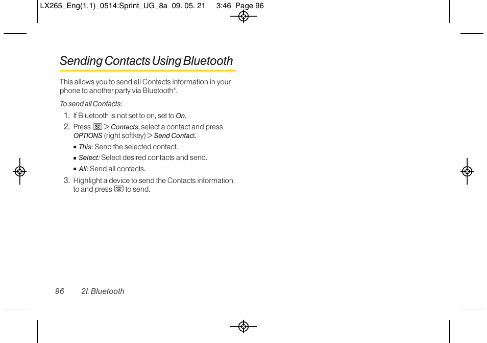 Sending contacts using bluetooth | LG LGLX265 User Manual | Page 108 / 160