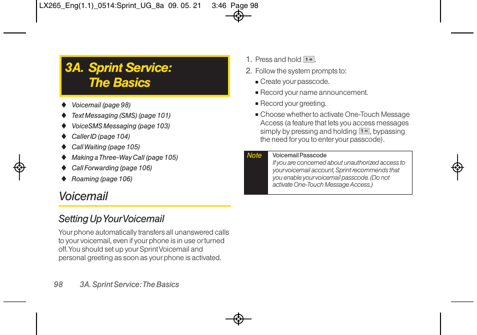 3a. sprint service: the basics, Voicemail, Setting up your voicemail | LG LGLX265 User Manual | Page 110 / 160