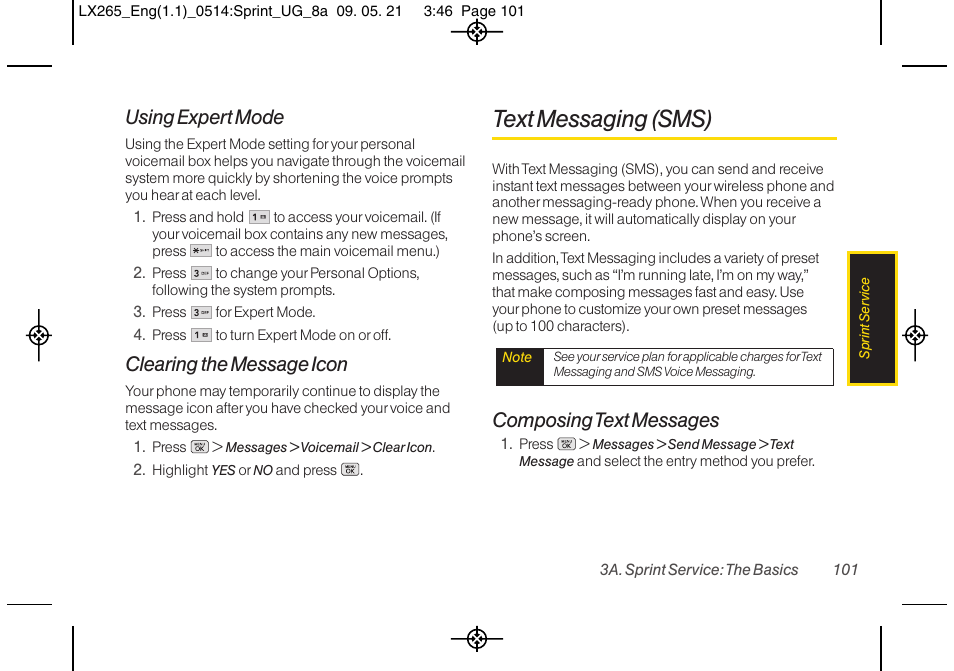 Text messaging (sms), Using expert mode, Clearing the message icon | Composing text messages | LG LGLX265 User Manual | Page 113 / 160