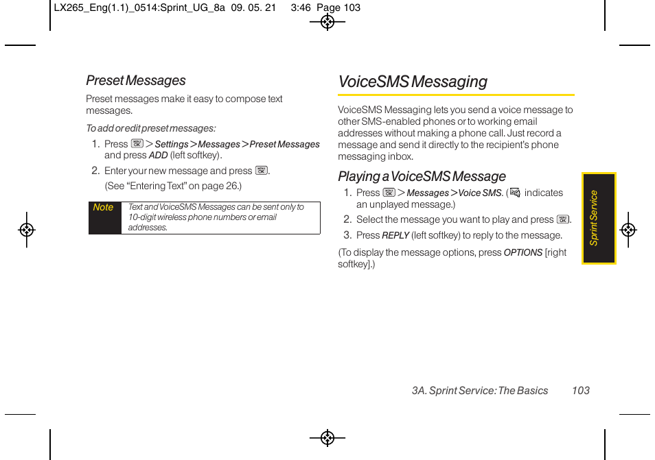 Voicesms messaging, Preset messages, Playing a voicesms message | LG LGLX265 User Manual | Page 115 / 160