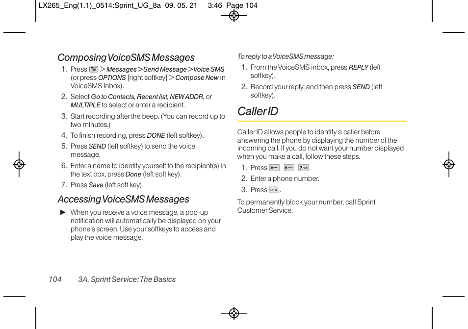 Caller id, Composing voicesms messages, Accessing voicesms messages | LG LGLX265 User Manual | Page 116 / 160