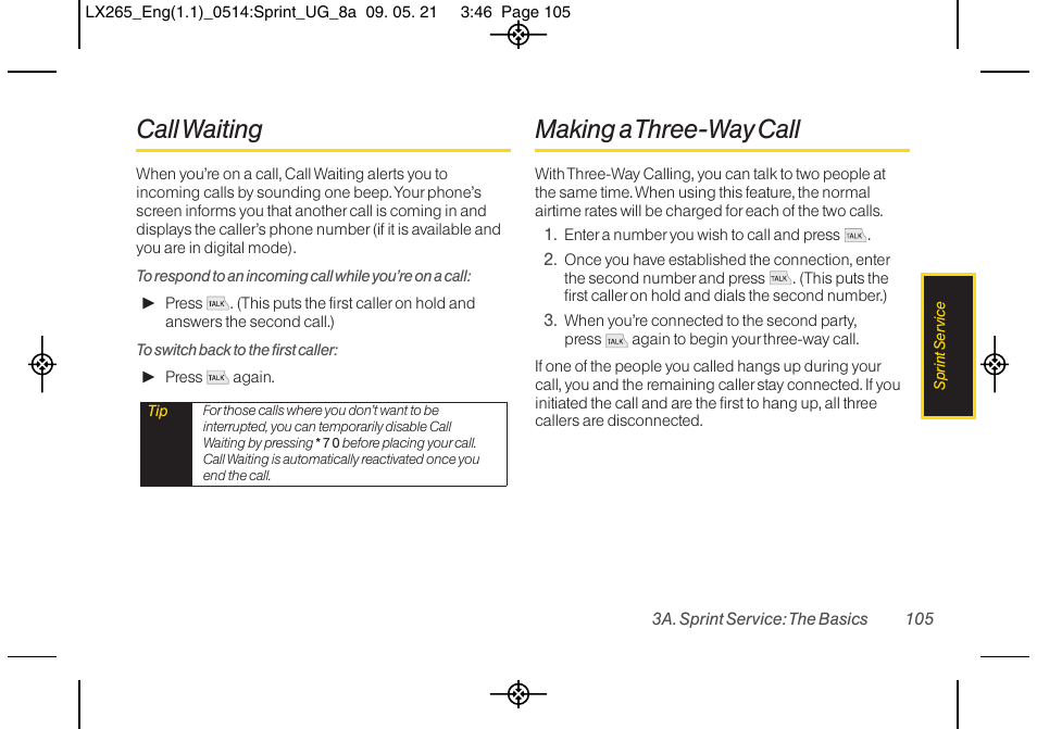 Call waiting, Making a three-way call | LG LGLX265 User Manual | Page 117 / 160