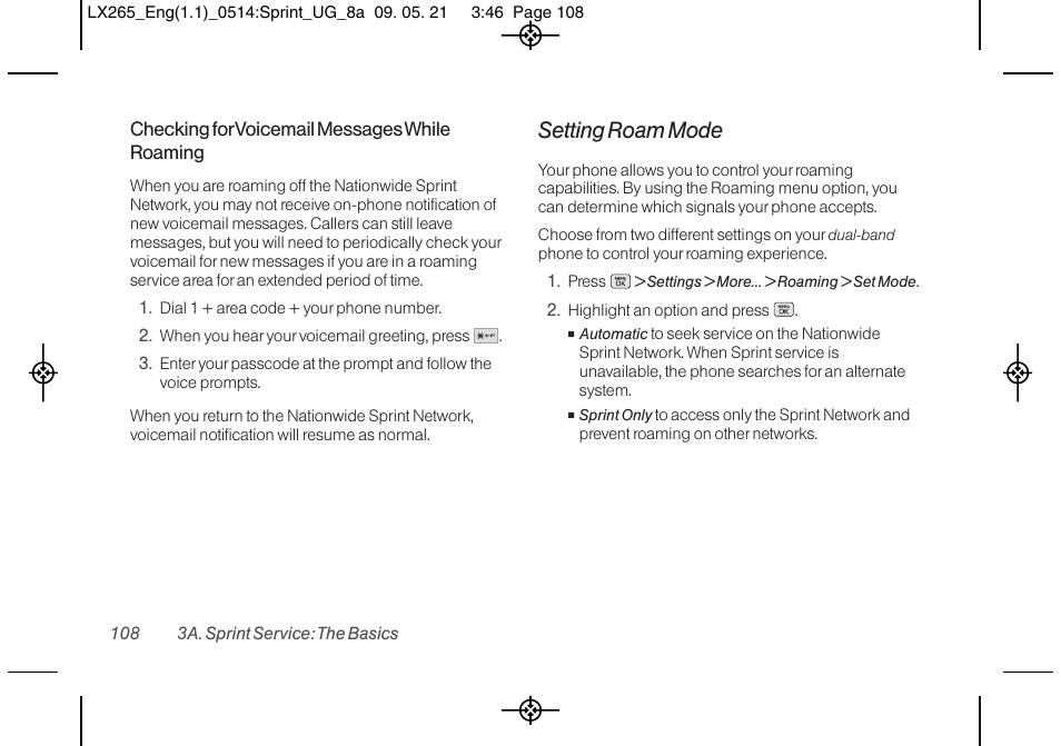 Setting roam mode | LG LGLX265 User Manual | Page 120 / 160