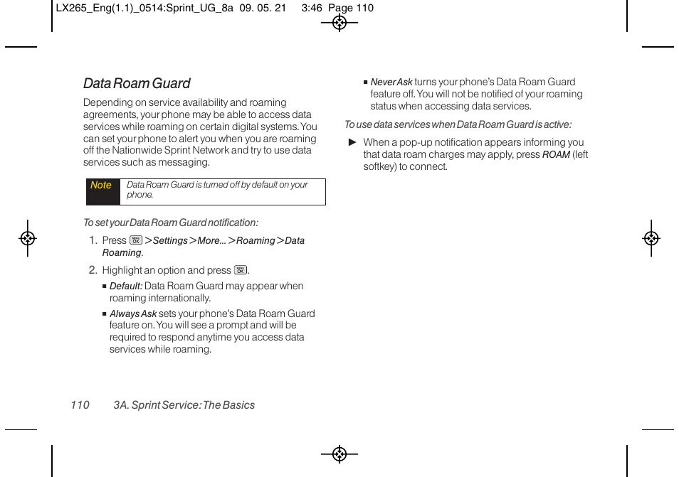 Data roam guard | LG LGLX265 User Manual | Page 122 / 160
