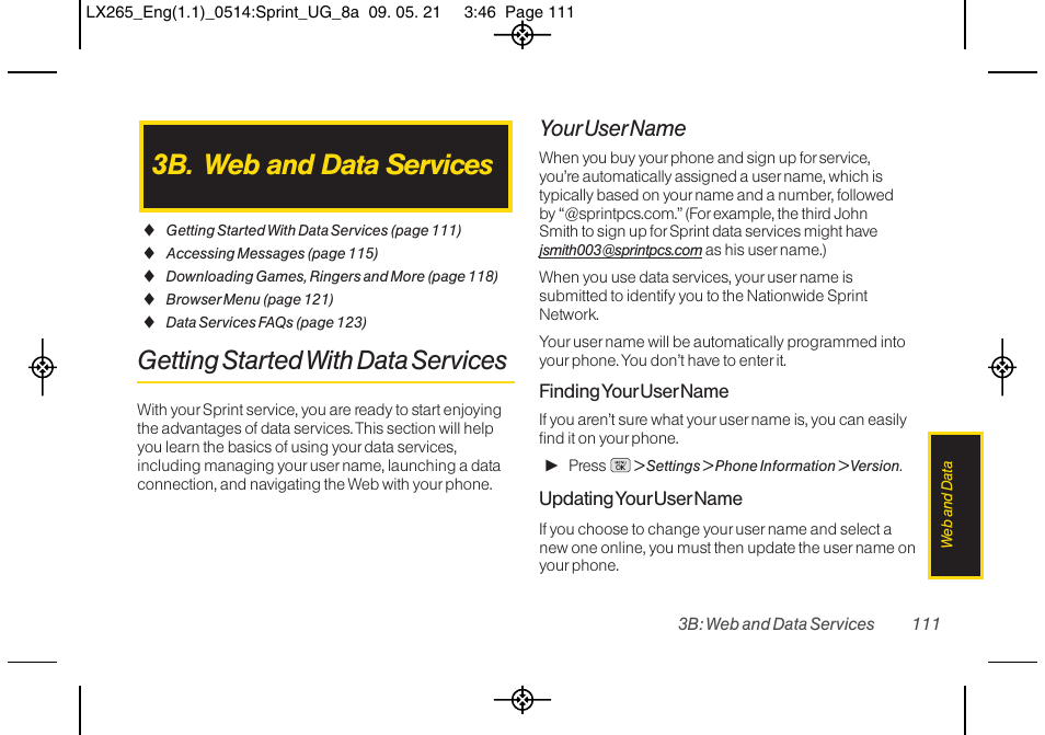 3b. web and data services, Getting started with data services, Your user name | LG LGLX265 User Manual | Page 123 / 160