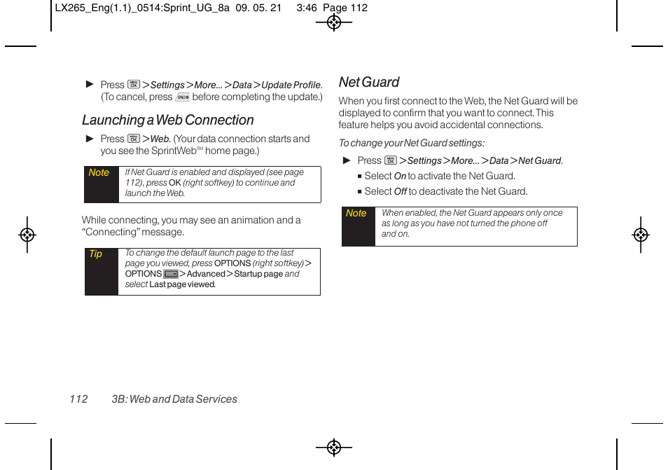 Launching a web connection, Net guard | LG LGLX265 User Manual | Page 124 / 160