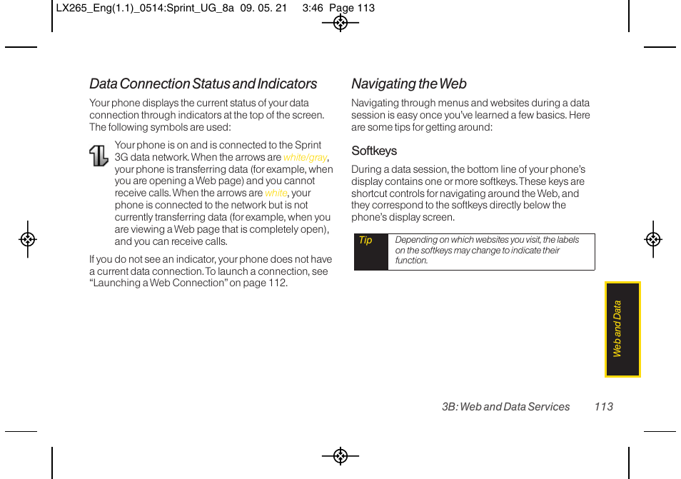 Data connection status and indicators, Navigating the web | LG LGLX265 User Manual | Page 125 / 160