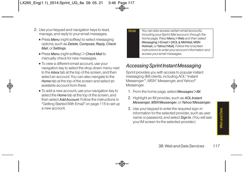 Accessing sprint instant messaging | LG LGLX265 User Manual | Page 129 / 160