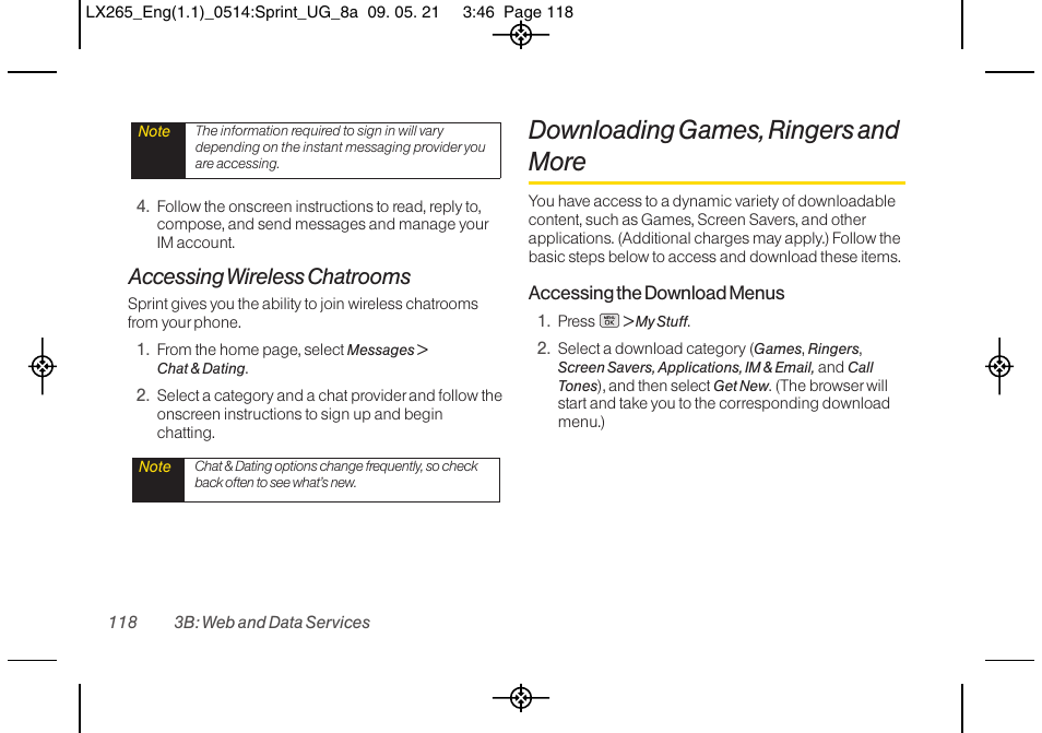 Downloading games, ringers and more, Accessing wireless chatrooms | LG LGLX265 User Manual | Page 130 / 160