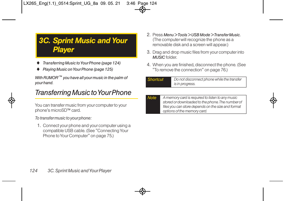 3c. sprint music and your player, Transferring music to your phone | LG LGLX265 User Manual | Page 136 / 160