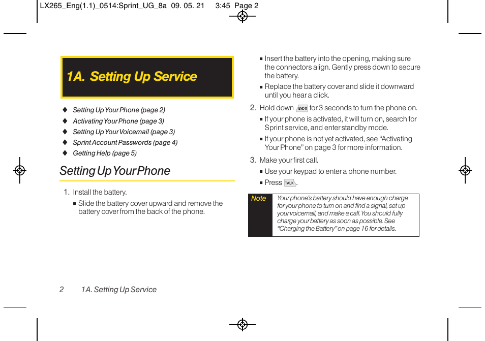 1a. setting up service, Setting up your phone | LG LGLX265 User Manual | Page 14 / 160