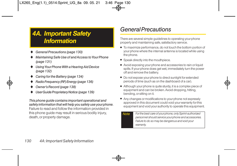 4a. important safety information, General precautions | LG LGLX265 User Manual | Page 142 / 160