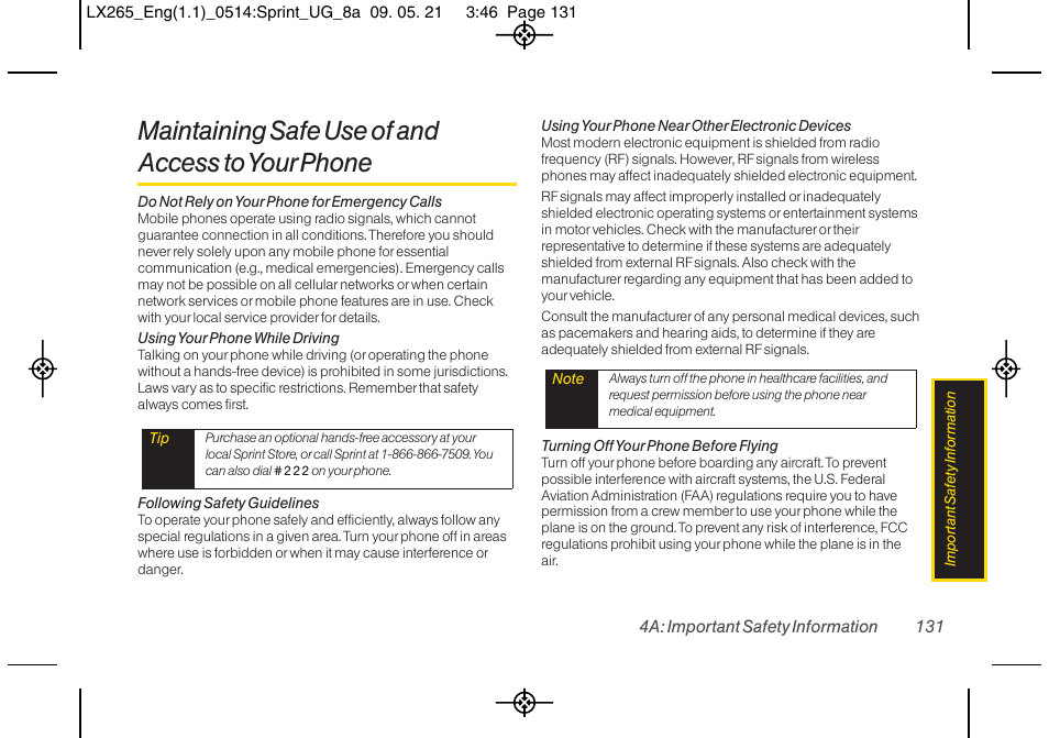 Maintaining safe use of and access to your phone | LG LGLX265 User Manual | Page 143 / 160