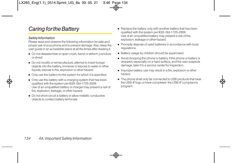 Caring for the battery, 134 4a: important safety information | LG LGLX265 User Manual | Page 146 / 160