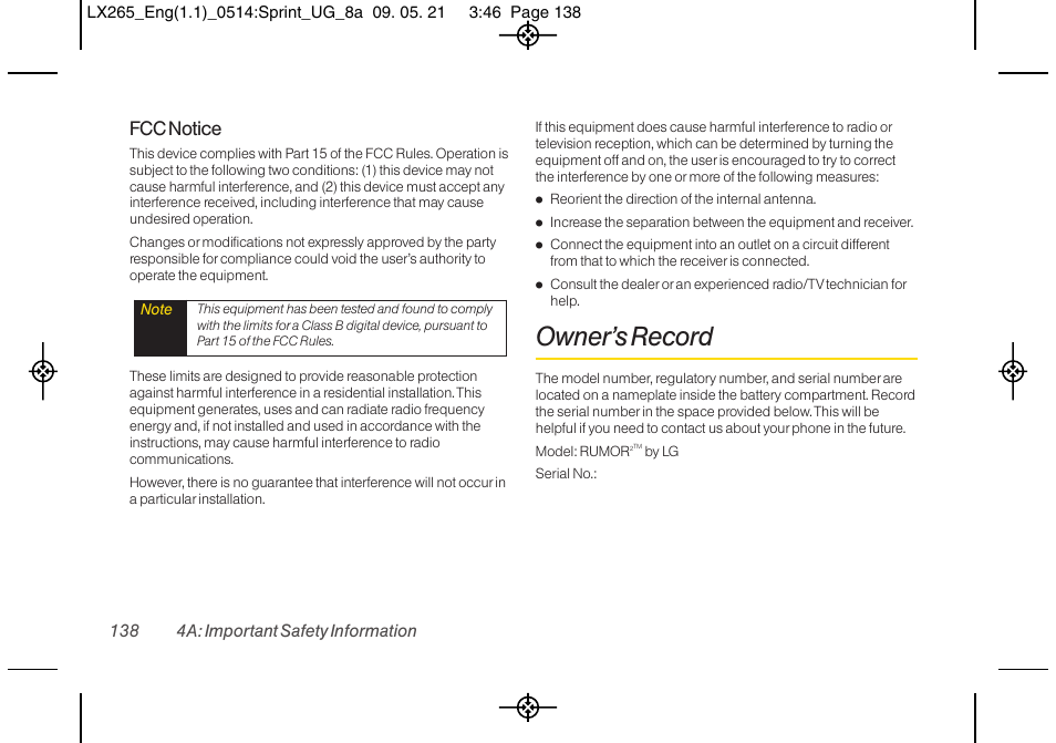 Owner’s record, Fcc notice | LG LGLX265 User Manual | Page 150 / 160