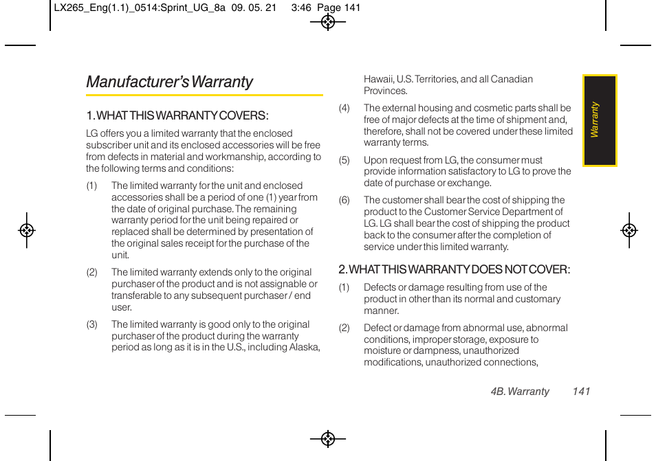 Manufacturer’s warranty | LG LGLX265 User Manual | Page 153 / 160