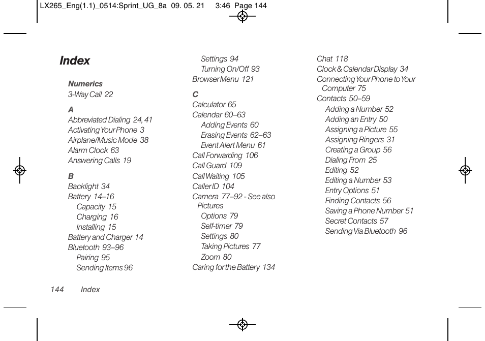 Index | LG LGLX265 User Manual | Page 156 / 160