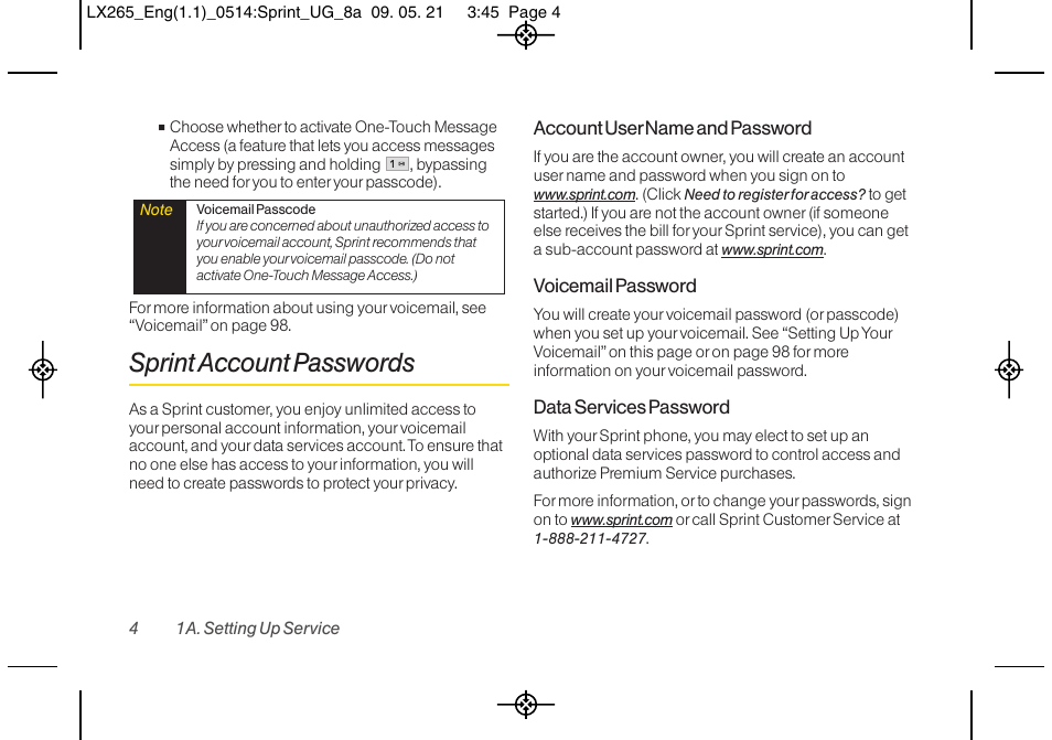 Sprint account passwords | LG LGLX265 User Manual | Page 16 / 160