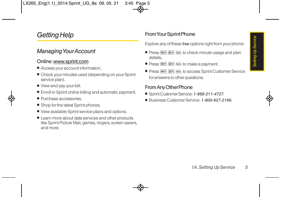 Getting help, Managing your account | LG LGLX265 User Manual | Page 17 / 160