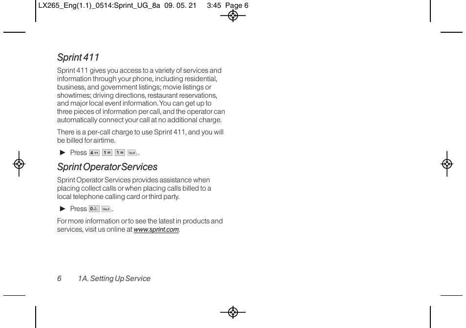 Sprint 411, Sprint operator services | LG LGLX265 User Manual | Page 18 / 160