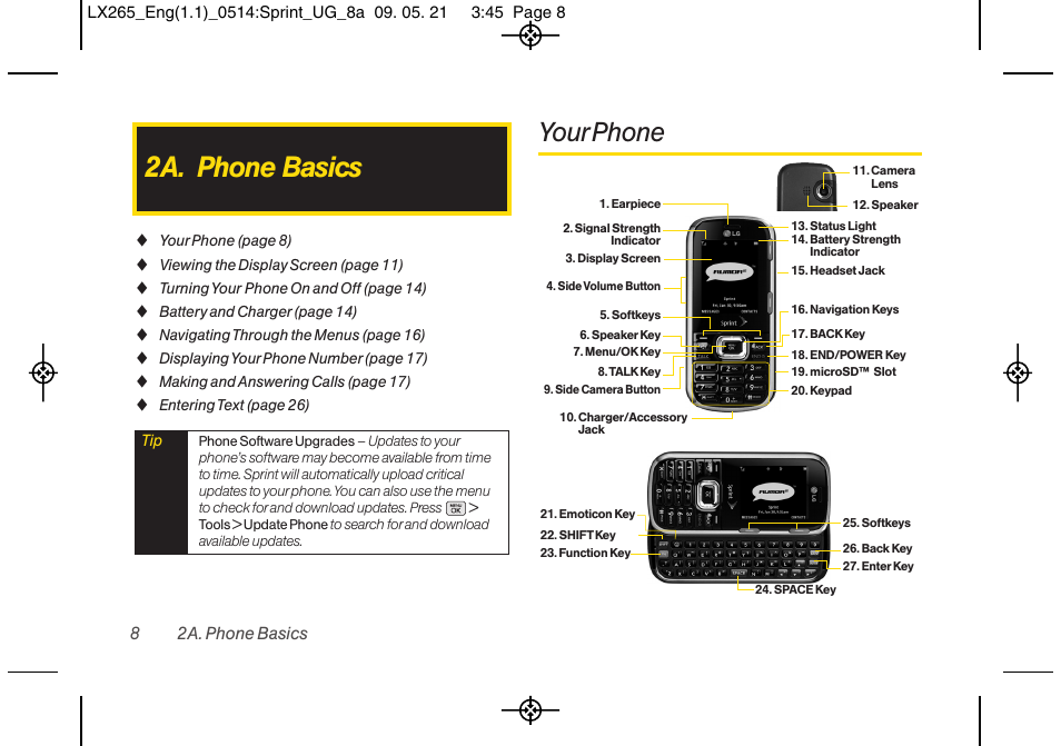 2a. phone basics, Your phone | LG LGLX265 User Manual | Page 20 / 160