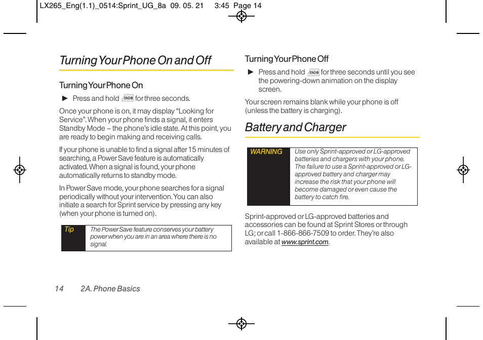 Turning your phone on and off, Battery and charger | LG LGLX265 User Manual | Page 26 / 160