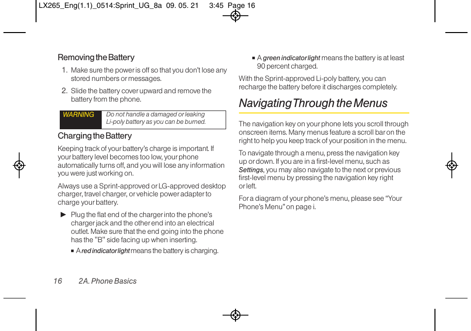 Navigating through the menus | LG LGLX265 User Manual | Page 28 / 160