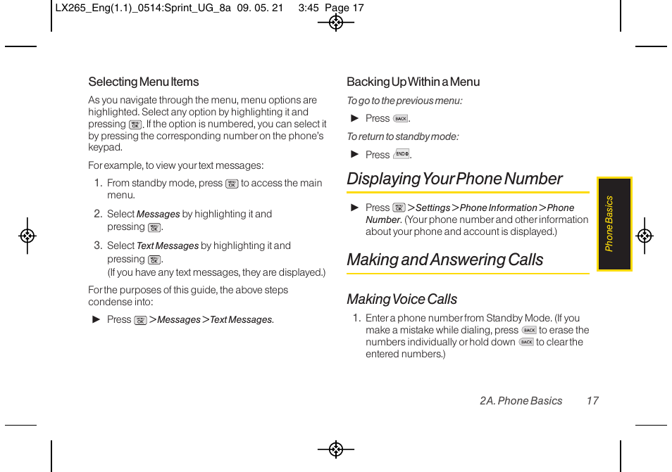 Displayingyour phone number, Making and answering calls, Making voice calls | LG LGLX265 User Manual | Page 29 / 160