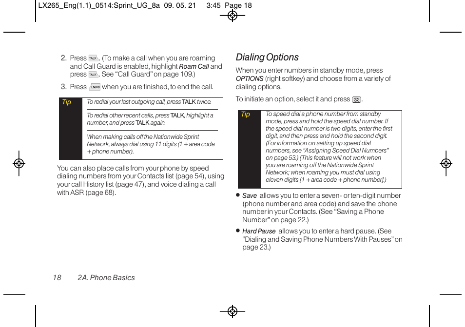 Dialing options | LG LGLX265 User Manual | Page 30 / 160