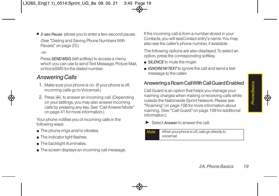 Answering calls, Answering a roam call with call guard enabled | LG LGLX265 User Manual | Page 31 / 160