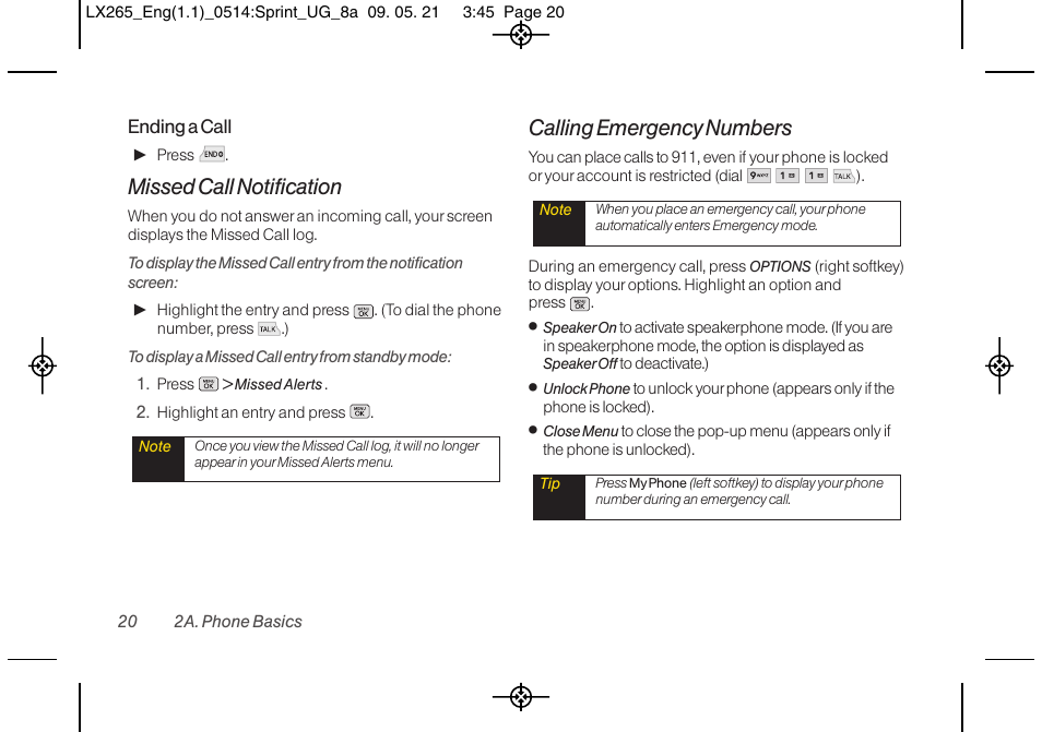 Missed call notification, Calling emergency numbers | LG LGLX265 User Manual | Page 32 / 160