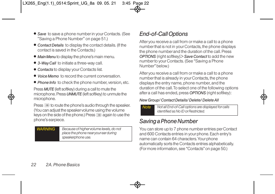 End-of-call options, Saving a phone number | LG LGLX265 User Manual | Page 34 / 160