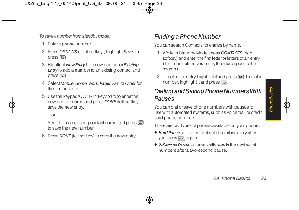 Finding a phone number, Dialing and saving phone numbers with pauses | LG LGLX265 User Manual | Page 35 / 160