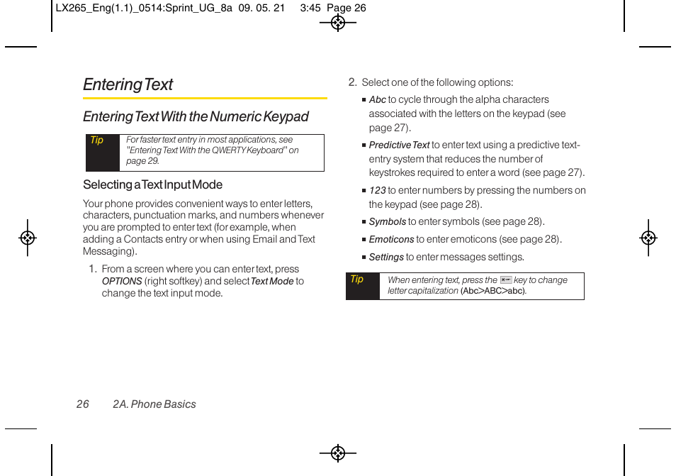 Entering text, Entering text with the numeric keypad | LG LGLX265 User Manual | Page 38 / 160