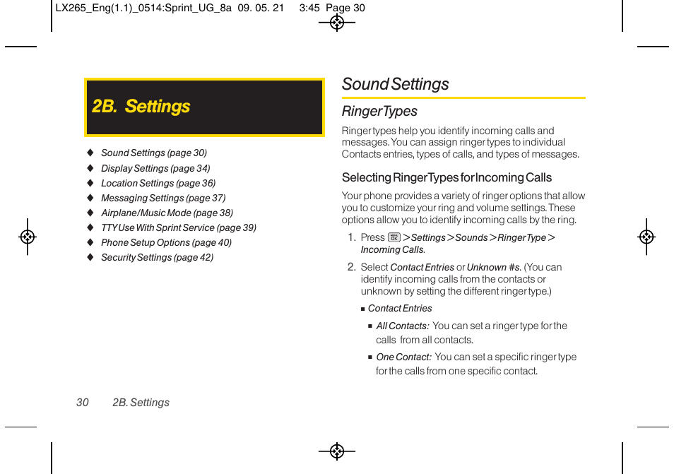 2b. settings, Sound settings, Ringer types | LG LGLX265 User Manual | Page 42 / 160