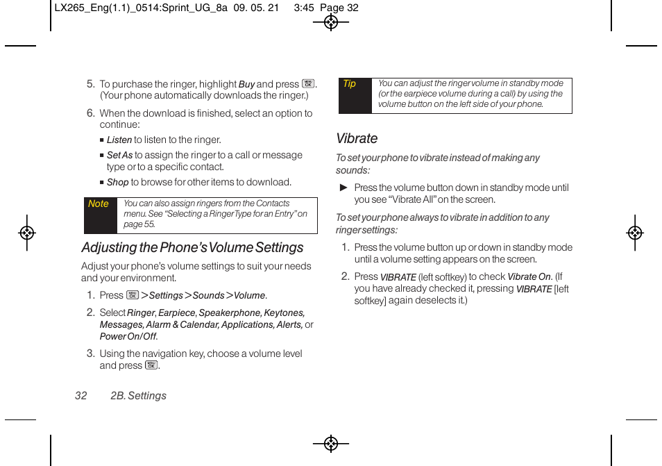 Adjusting the phone’s volume settings, Vibrate | LG LGLX265 User Manual | Page 44 / 160