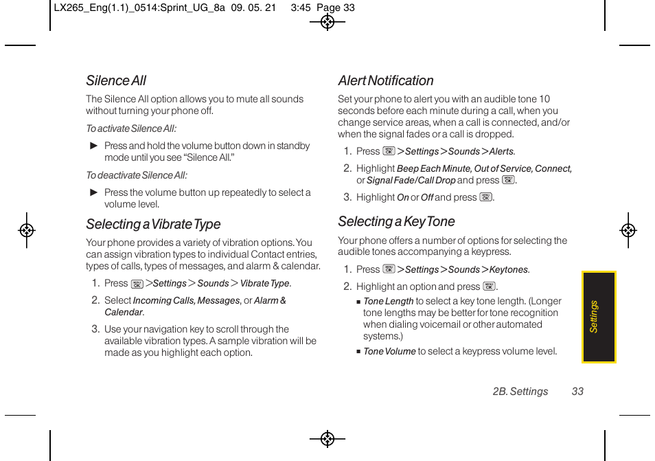 Silence all, Selecting a vibrate type, Alert notification | Selecting a key tone | LG LGLX265 User Manual | Page 45 / 160